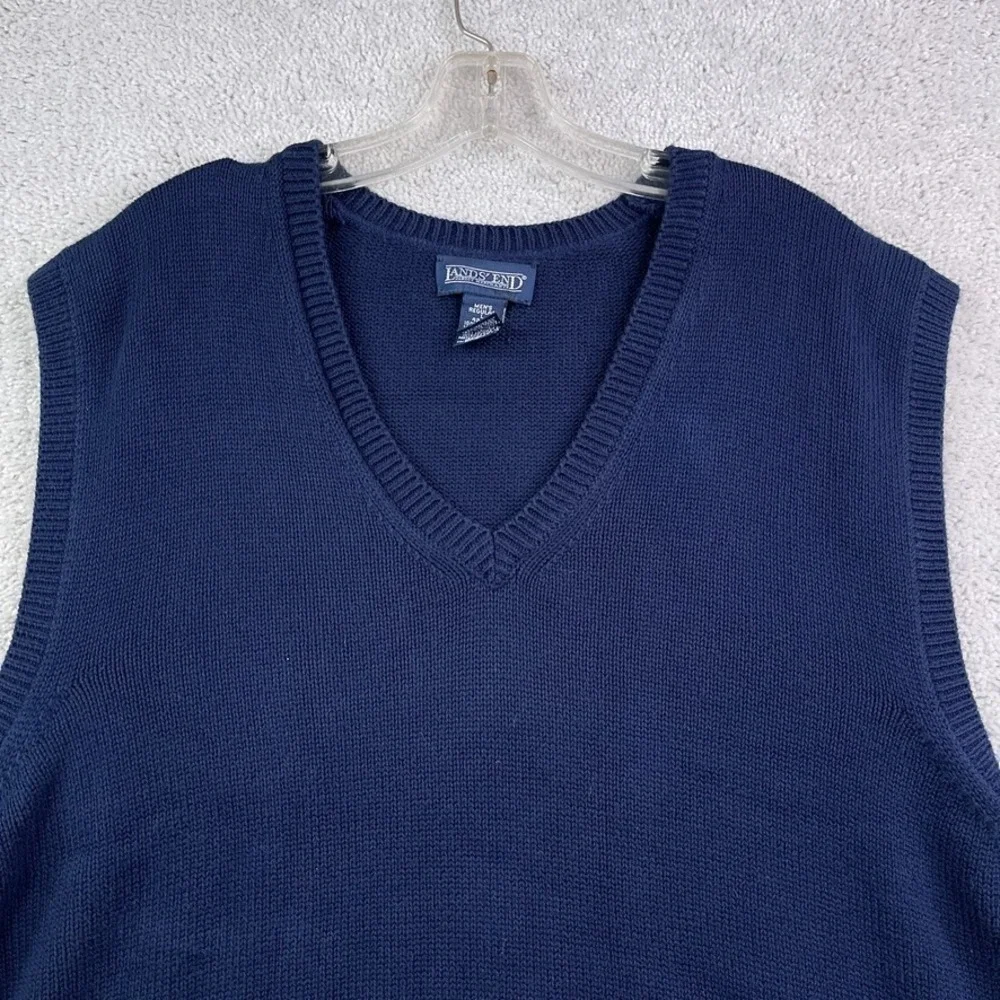 Vintage Lands End Sweater Vest Mens Large Navy Blue Knit V Neck Pullover USA‎